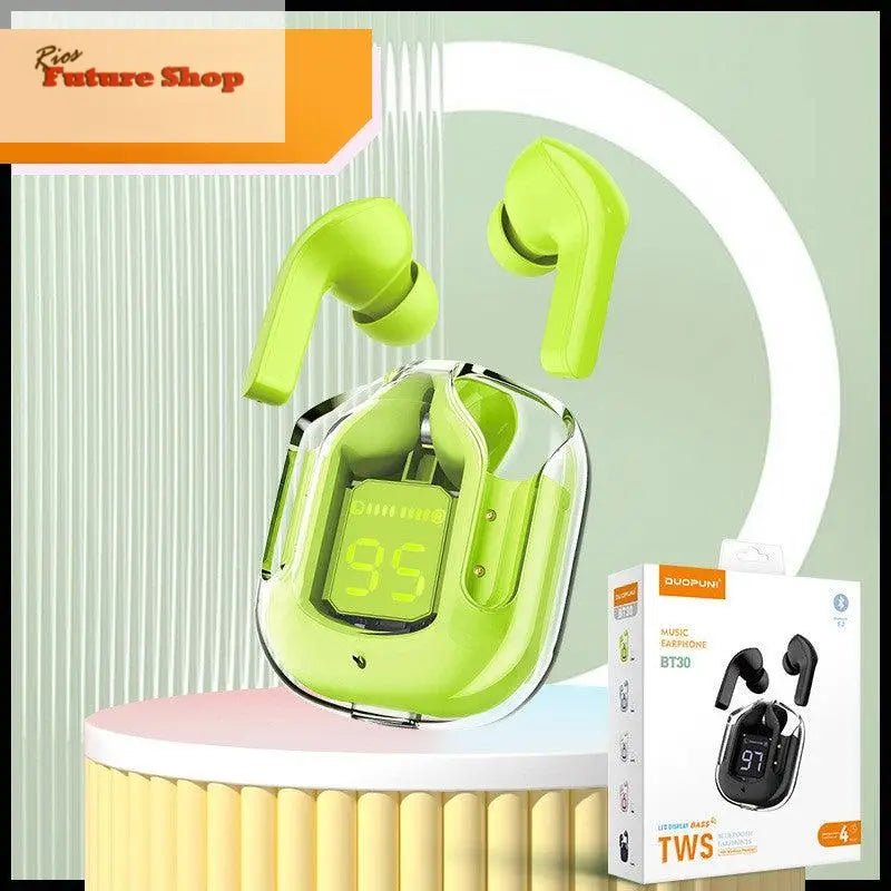 Novo Mini Transparente Sem Fio Bluetooth Headset Display Digital ENC Redução de Ruído Verdadeiro Desporto Música Sem Fio - Rios Future Shop