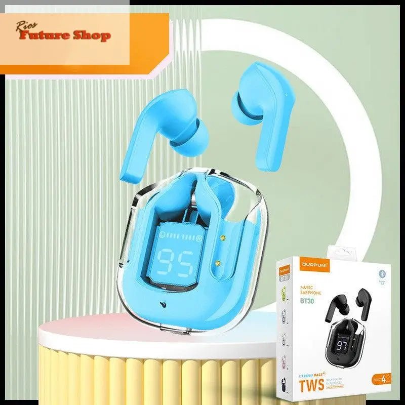 Novo Mini Transparente Sem Fio Bluetooth Headset Display Digital ENC Redução de Ruído Verdadeiro Desporto Música Sem Fio - Rios Future Shop