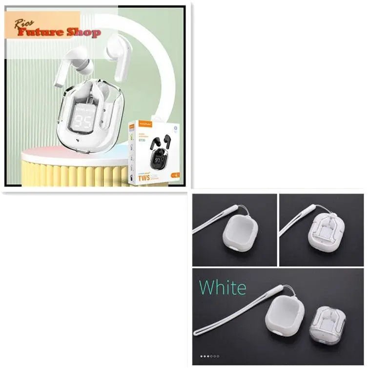 Novo Mini Transparente Sem Fio Bluetooth Headset Display Digital ENC Redução de Ruído Verdadeiro Desporto Música Sem Fio - Rios Future Shop