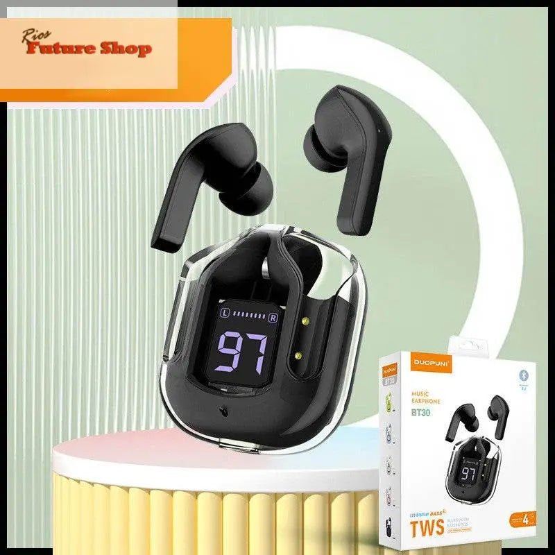 Novo Mini Transparente Sem Fio Bluetooth Headset Display Digital ENC Redução de Ruído Verdadeiro Desporto Música Sem Fio - Rios Future Shop