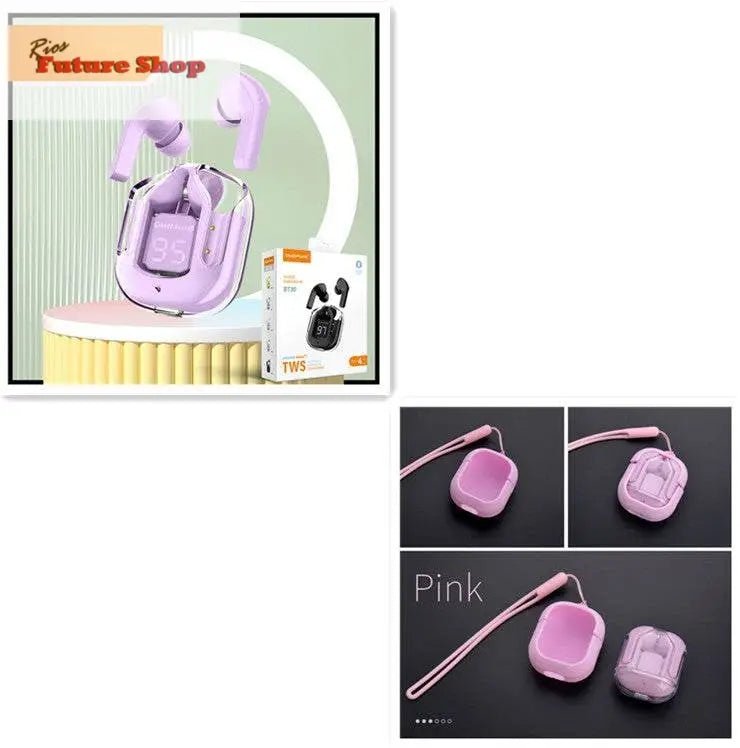 Novo Mini Transparente Sem Fio Bluetooth Headset Display Digital ENC Redução de Ruído Verdadeiro Desporto Música Sem Fio - Rios Future Shop