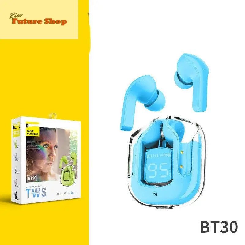 Novo Mini Transparente Sem Fio Bluetooth Headset Display Digital ENC Redução de Ruído Verdadeiro Desporto Música Sem Fio - Rios Future Shop