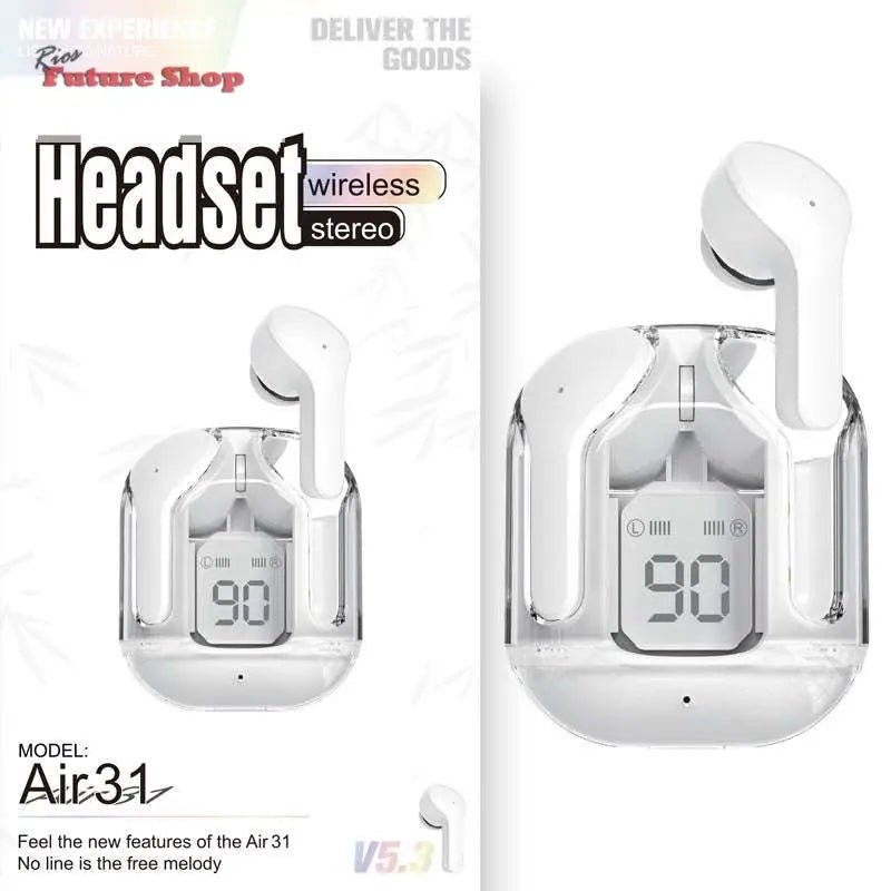 Novo Mini Transparente Sem Fio Bluetooth Headset Display Digital ENC Redução de Ruído Verdadeiro Desporto Música Sem Fio - Rios Future Shop