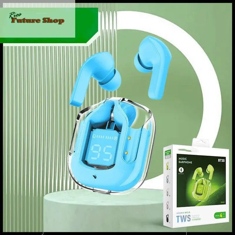 Novo Mini Transparente Sem Fio Bluetooth Headset Display Digital ENC Redução de Ruído Verdadeiro Desporto Música Sem Fio - Rios Future Shop