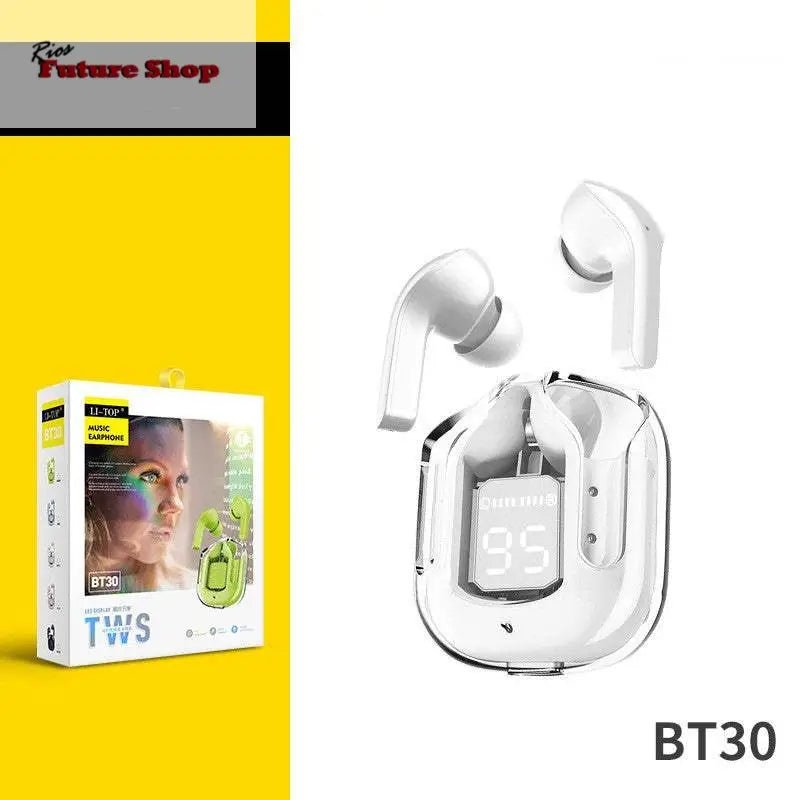 Novo Mini Transparente Sem Fio Bluetooth Headset Display Digital ENC Redução de Ruído Verdadeiro Desporto Música Sem Fio - Rios Future Shop