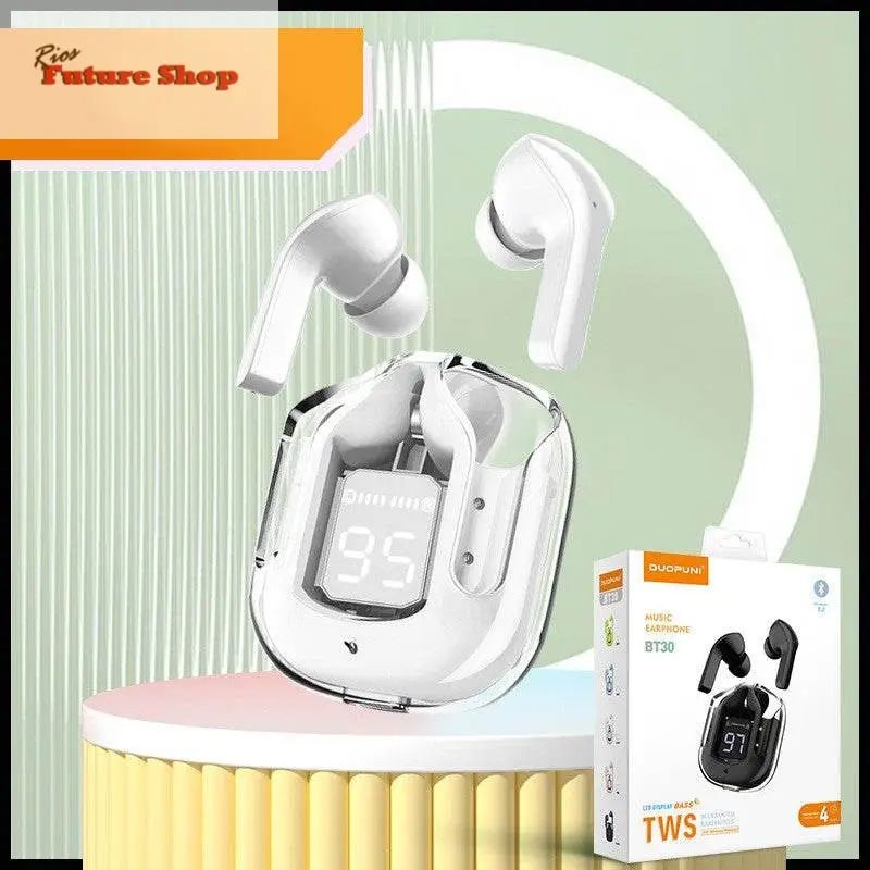 Novo Mini Transparente Sem Fio Bluetooth Headset Display Digital ENC Redução de Ruído Verdadeiro Desporto Música Sem Fio - Rios Future Shop