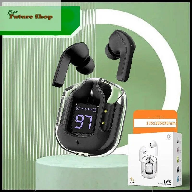 Novo Mini Transparente Sem Fio Bluetooth Headset Display Digital ENC Redução de Ruído Verdadeiro Desporto Música Sem Fio - Rios Future Shop