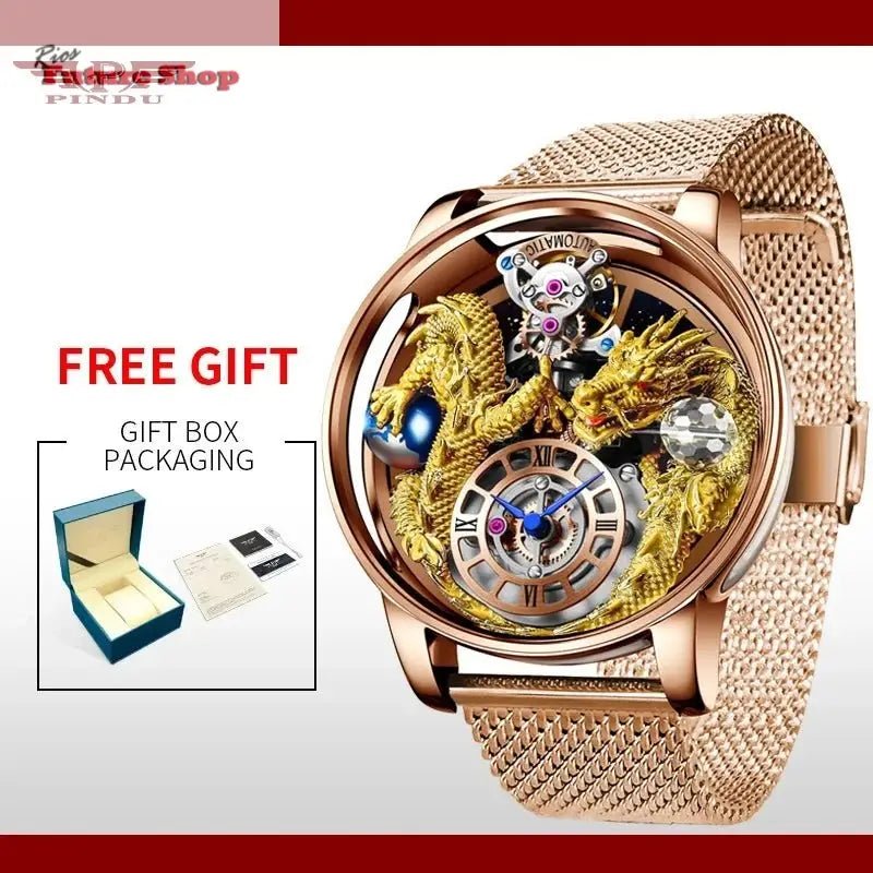 PINDU New Watchmakings House of Dragons Astronomia Art 3D Gold Dragon Astronomia Quartz Watch Men Astronomia Solar Montre Homme - Rios Future Shop