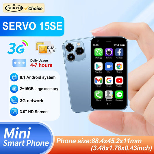 SERVO 15SE Mini Smartphone 3G WCDMA Android System WiFi Hotspot Play Store 3.0" Display Small Palm Smart Phones Dual SIM Standby - Rios Future Shop