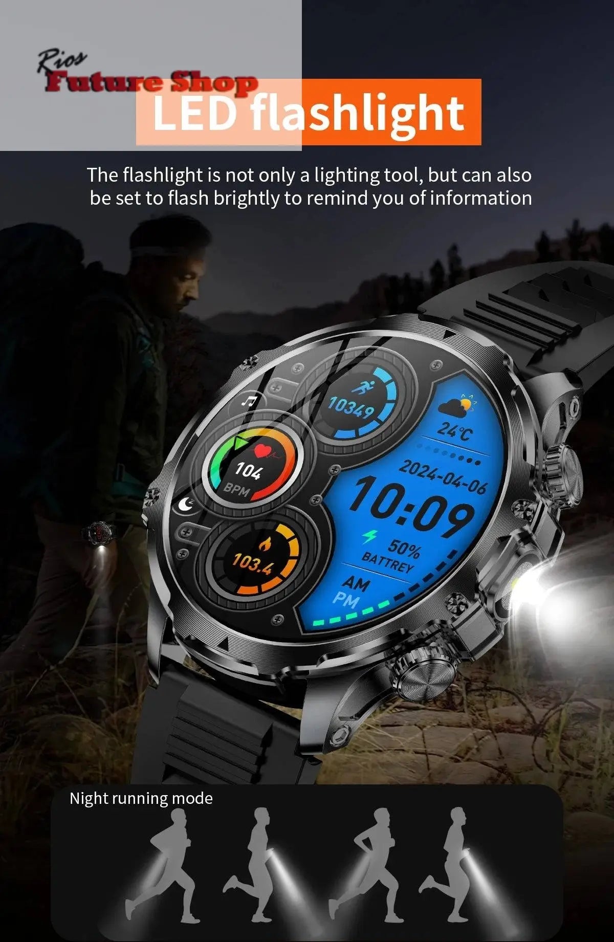 Smart Watch Flashlight Men Outdoors Sports - Rios Future Shop