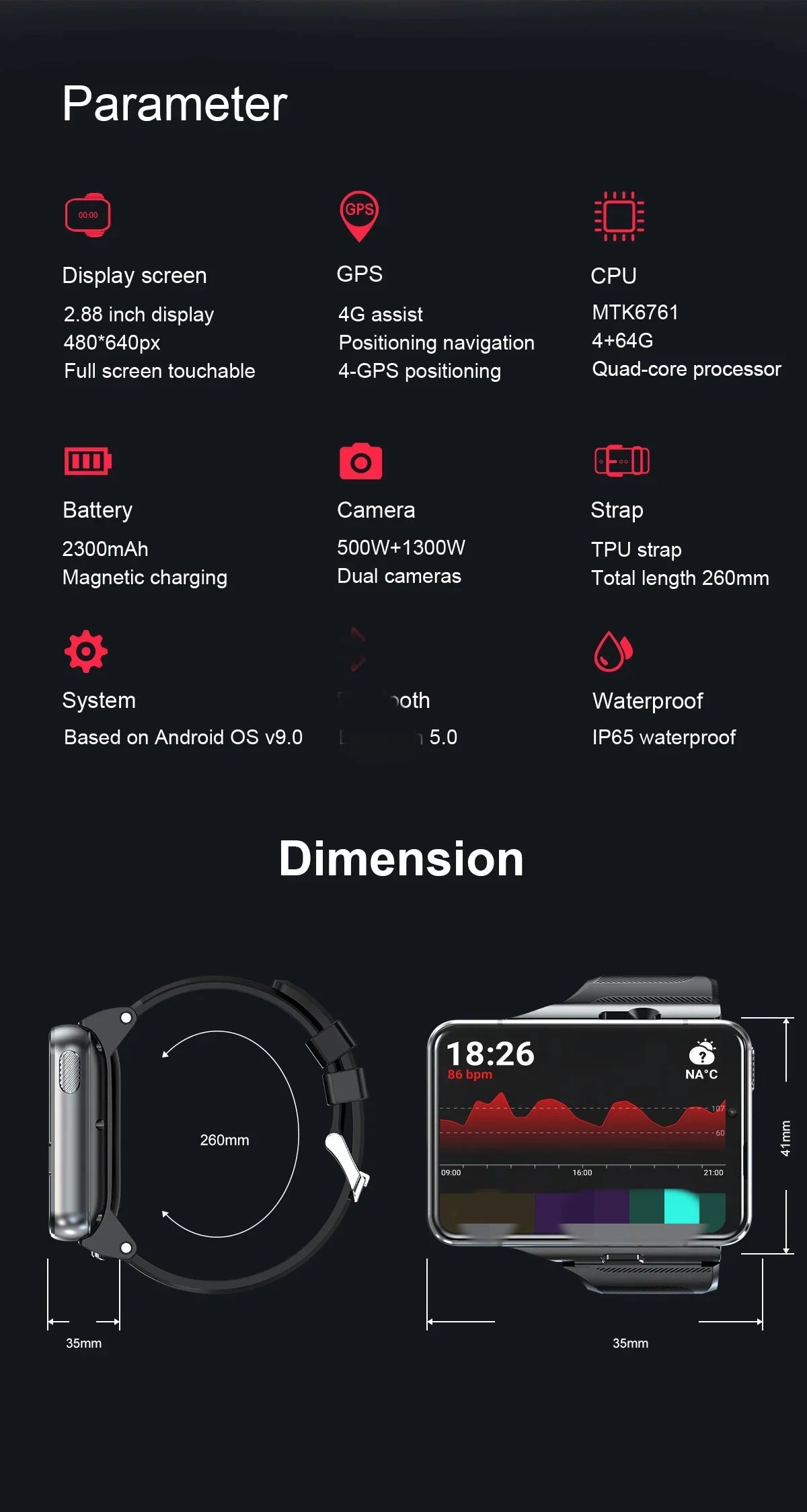 Smart Watch Phone 4G LTE Android 9 4+64GB Smartwatch 2.88" Screen Men Watch 2300mAh Dual Camera Face Unlock GPS WIFI DSers