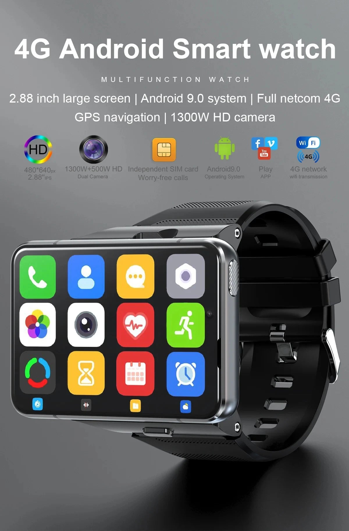 Smart Watch Phone 4G LTE Android 9 4+64GB Smartwatch 2.88" Screen Men Watch 2300mAh Dual Camera Face Unlock GPS WIFI DSers