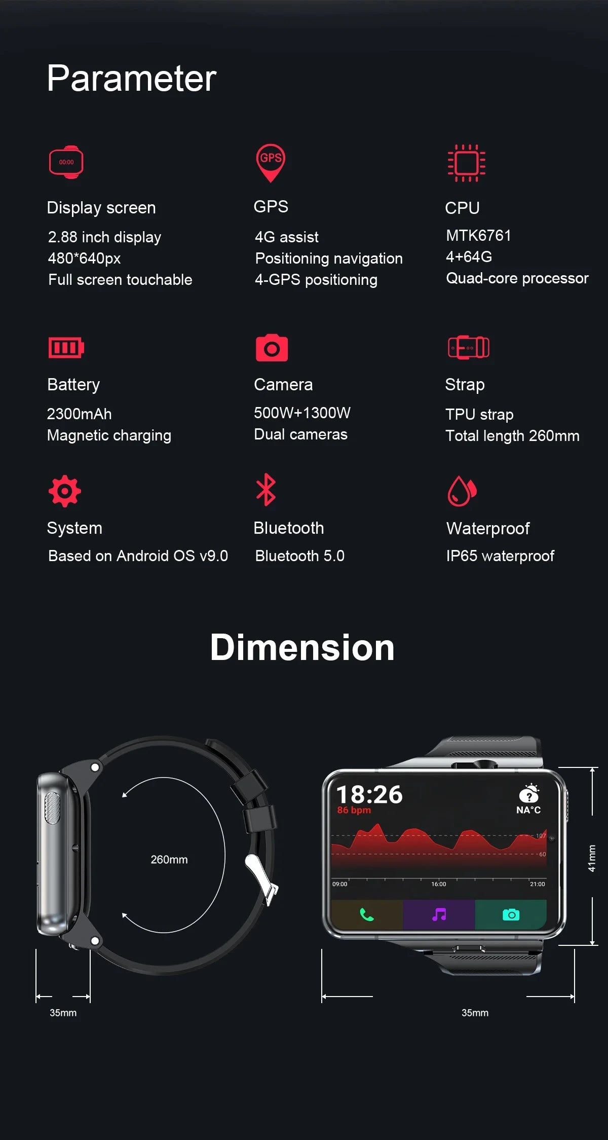 Smart Watch Phone 4G LTE Android 9 4+64GB Smartwatch 2.88" Screen Men Watch 2300mAh Dual Camera Face Unlock GPS WIFI DSers