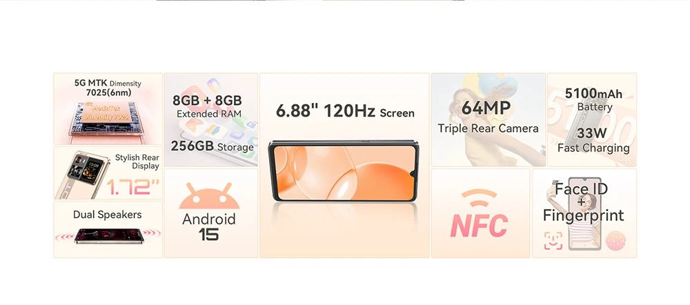 Smartphone 5G Cubot X100, Android 15, Dimensity 7025, 6nm, 2.5GHz,6.88-inch Screen,16GB(8+8),256GB, 64MP Camera, 5100mAh Battery DSersALIEXPRESS