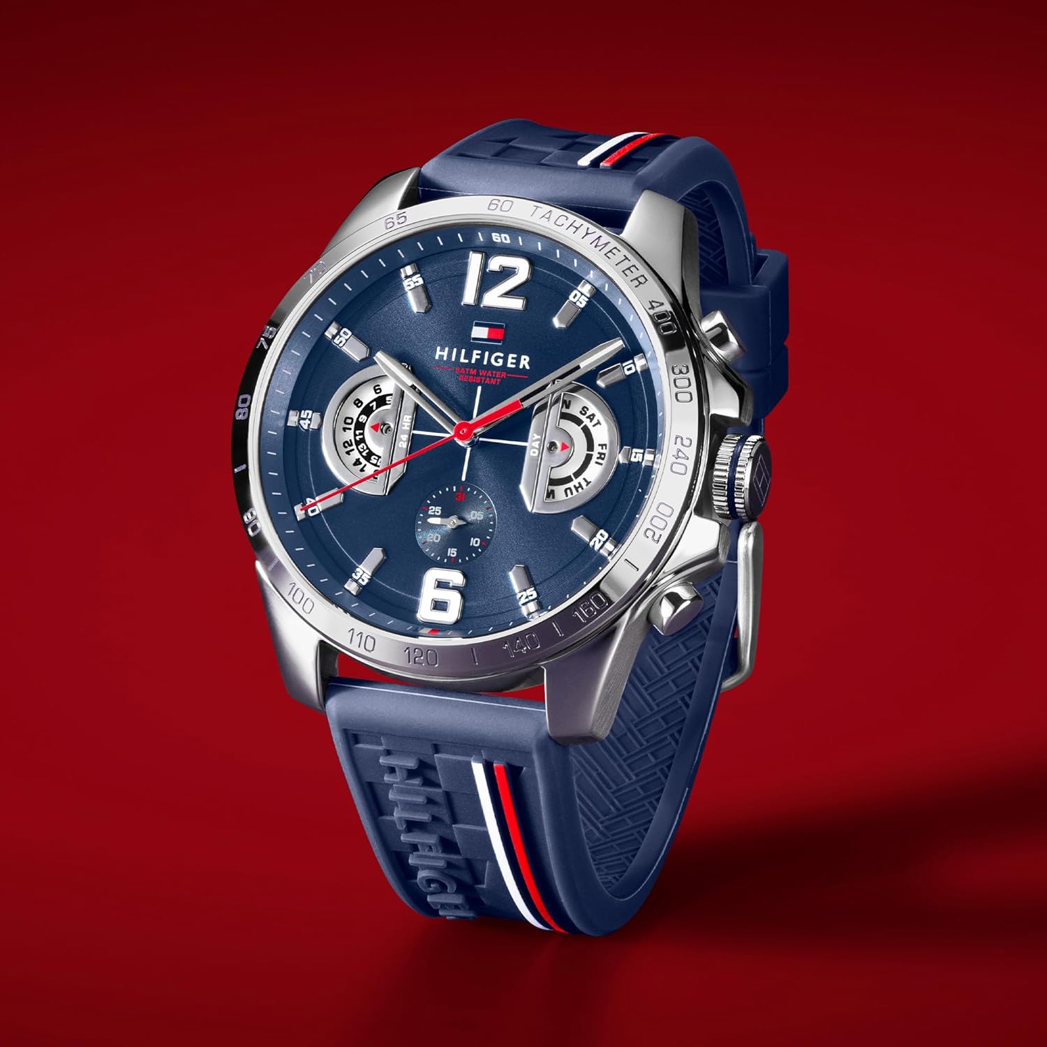 Tommy Hilfiger Relógio analógico multifuncional de quartzo para homens com correia de silicone, aço inoxidável ou couro, subesferas para dia e data, resistente à água até 5ATM.