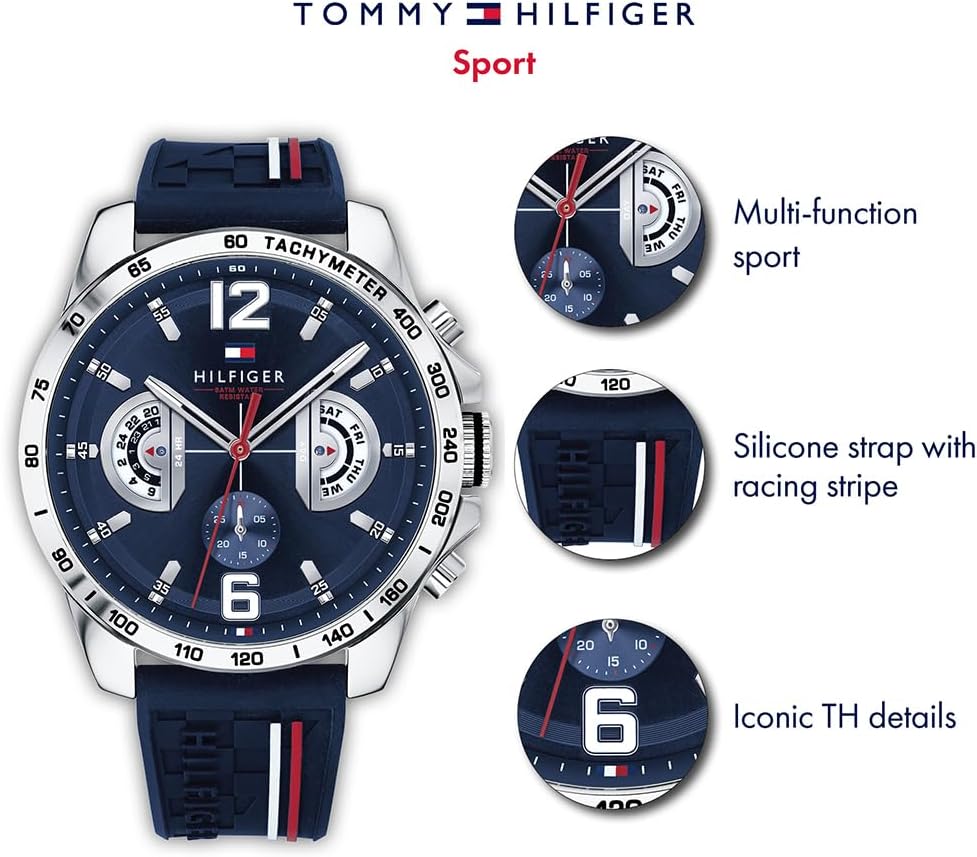 Tommy Hilfiger Relógio analógico multifuncional de quartzo para homens com correia de silicone, aço inoxidável ou couro, subesferas para dia e data, resistente à água até 5ATM.