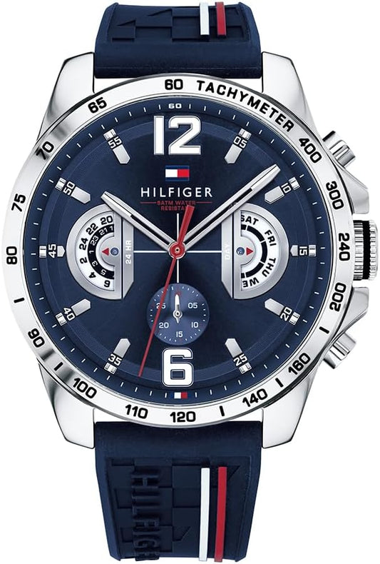 Tommy Hilfiger Relógio analógico multifuncional de quartzo para homens com correia de silicone, aço inoxidável ou couro, subesferas para dia e data, resistente à água até 5ATM.