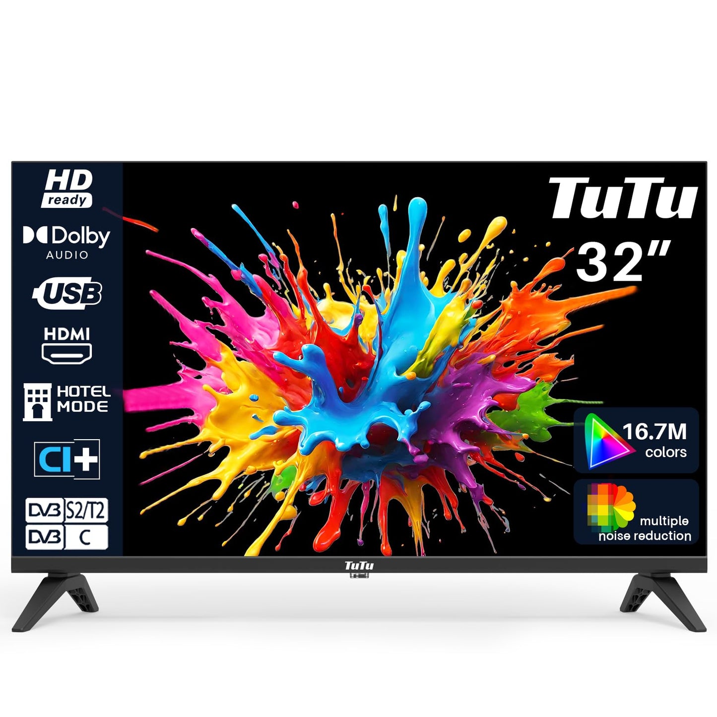 TuTu Televisores LED HD de 32 polegadas sem moldura TV com sintonizador digital DVB-T/T2-C-S/S2, HDMI, USB gravador leitor, modo de hotel, peana central (TUB32HN1NC, 2024)