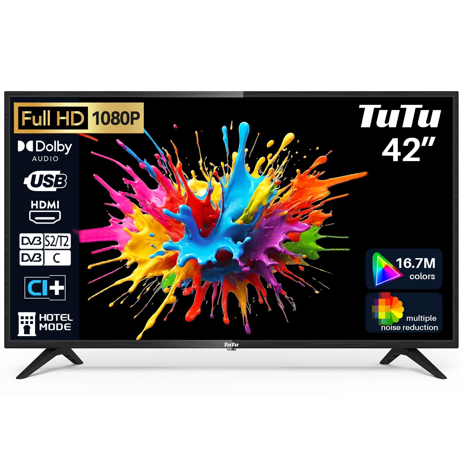 TuTu Televisores LED HD de 32 polegadas sem moldura TV com sintonizador digital DVB-T/T2-C-S/S2, HDMI, USB gravador leitor, modo de hotel, peana central (TUB32HN1NC, 2024)