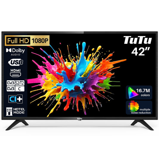 TuTu Televisores LED HD de 32 polegadas sem moldura TV com sintonizador digital DVB-T/T2-C-S/S2, HDMI, USB gravador leitor, modo de hotel, peana central (TUB32HN1NC, 2024)