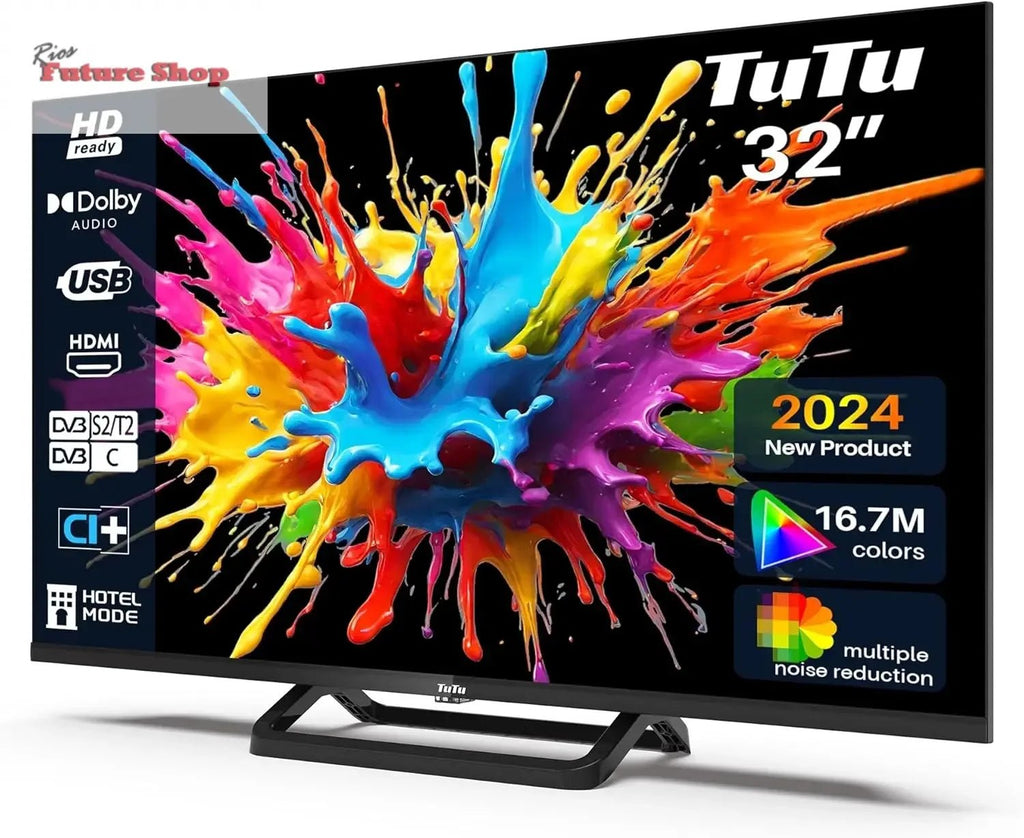 TuTu Televisores LED HD de 32 polegadas sem moldura TV com sintonizador digital DVB-T/T2-C-S/S2, HDMI, USB gravador leitor, modo de hotel, peana central (TUB32HN1NC, 2024) - Rios Future Shop
