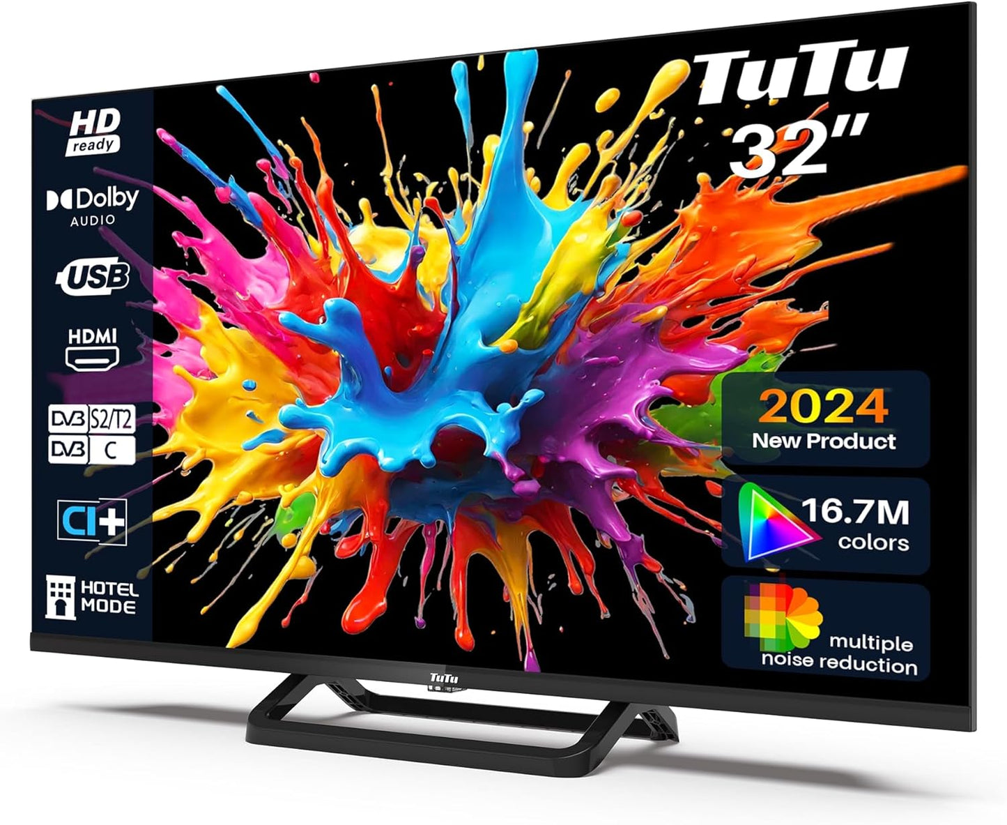 TuTu Televisores LED HD de 32 polegadas sem moldura TV com sintonizador digital DVB-T/T2-C-S/S2, HDMI, USB gravador leitor, modo de hotel, peana central (TUB32HN1NC, 2024)