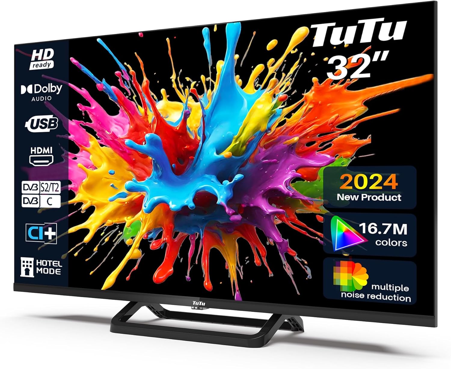 TuTu Televisores LED HD de 32 polegadas sem moldura TV com sintonizador digital DVB-T/T2-C-S/S2, HDMI, USB gravador leitor, modo de hotel, peana central (TUB32HN1NC, 2024)
