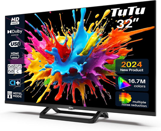 TuTu Televisores LED HD de 32 polegadas sem moldura TV com sintonizador digital DVB-T/T2-C-S/S2, HDMI, USB gravador leitor, modo de hotel, peana central (TUB32HN1NC, 2024)