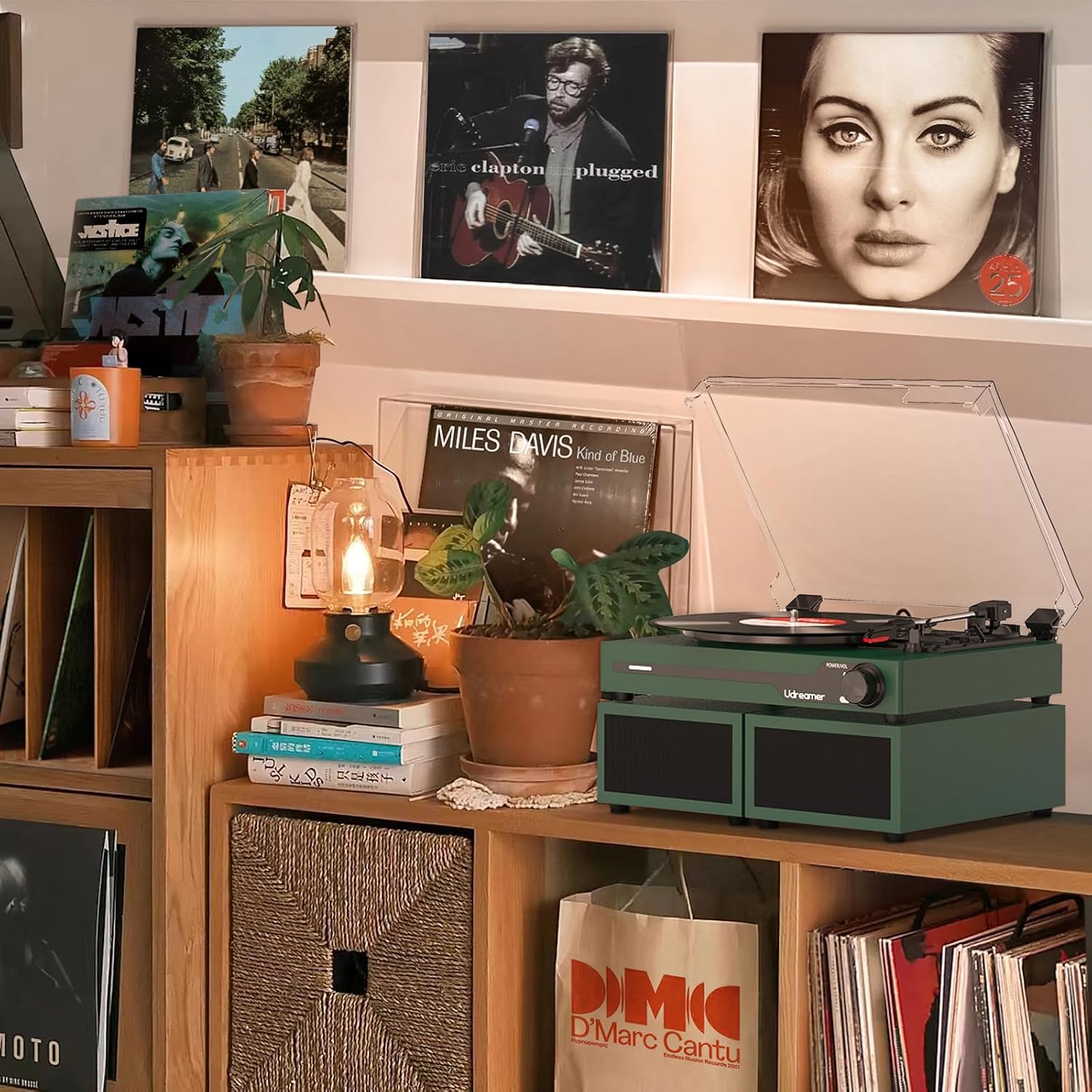 Udreamer Tocadiscos con 2 Altavoces Estéreo Duales, Vintage Tocadiscos con Bluetooth 5.3 Compatible 3 Velocidades, Entrada Auxiliar, Línea RCA, USB, Reproducción Inalámbrica, Verde