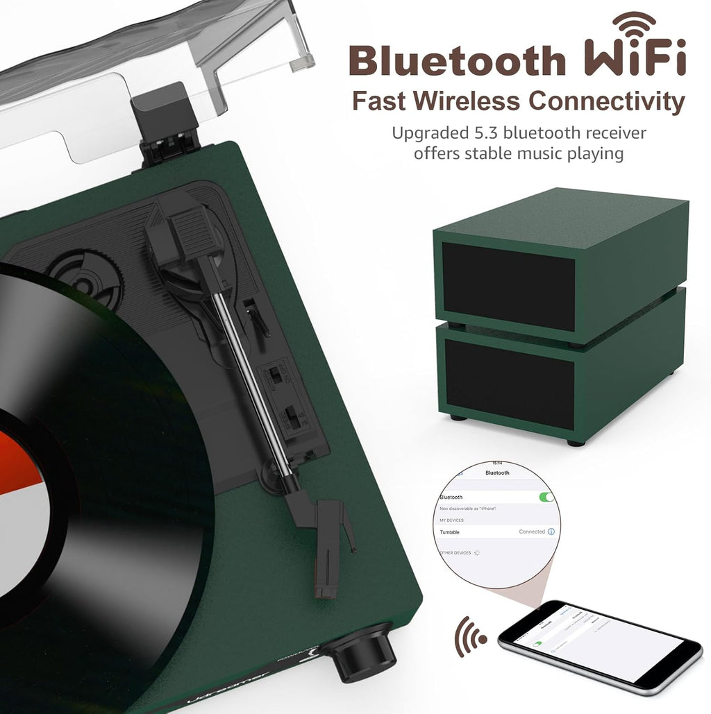 Udreamer Tocadiscos con 2 Altavoces Estéreo Duales, Vintage Tocadiscos con Bluetooth 5.3 Compatible 3 Velocidades, Entrada Auxiliar, Línea RCA, USB, Reproducción Inalámbrica, Verde