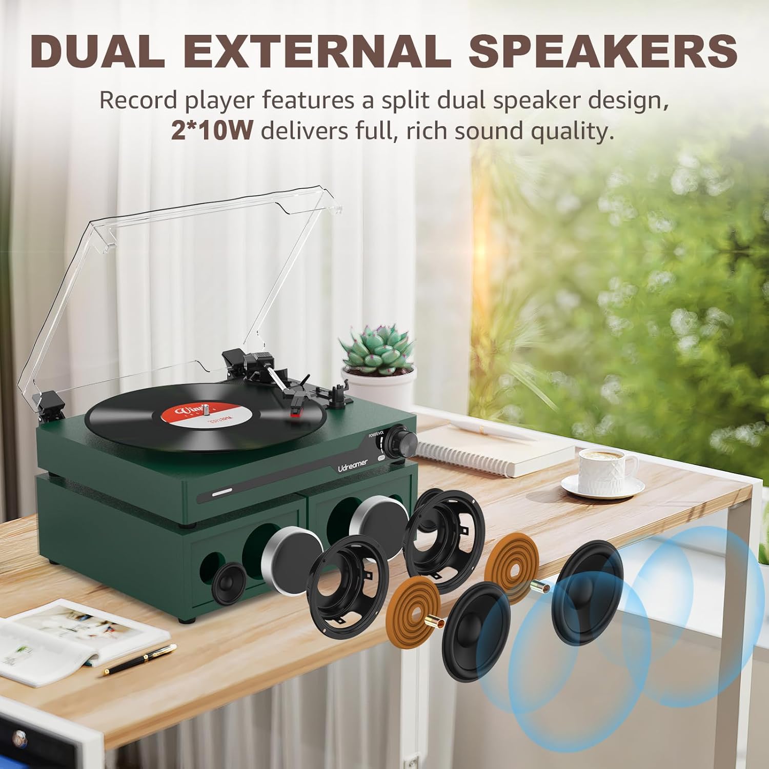 Udreamer Tocadiscos con 2 Altavoces Estéreo Duales, Vintage Tocadiscos con Bluetooth 5.3 Compatible 3 Velocidades, Entrada Auxiliar, Línea RCA, USB, Reproducción Inalámbrica, Verde