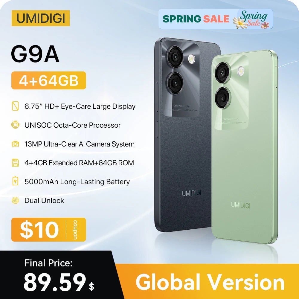 UMIDIGI G9A Android 14 Smartphone Octa - core 13MP Camera 64GB 6.75” Water Drop HD+ 5000mAh Battery Dual SIM Card Cellphone - Rios Future Shop