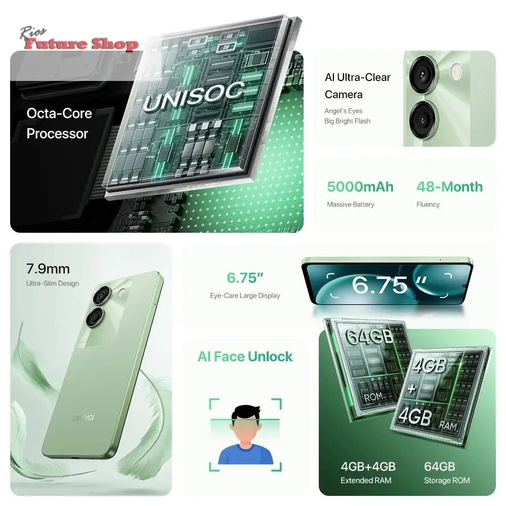 UMIDIGI G9A Android 14 Smartphone Octa - core 13MP Camera 64GB 6.75” Water Drop HD+ 5000mAh Battery Dual SIM Card Cellphone - Rios Future Shop
