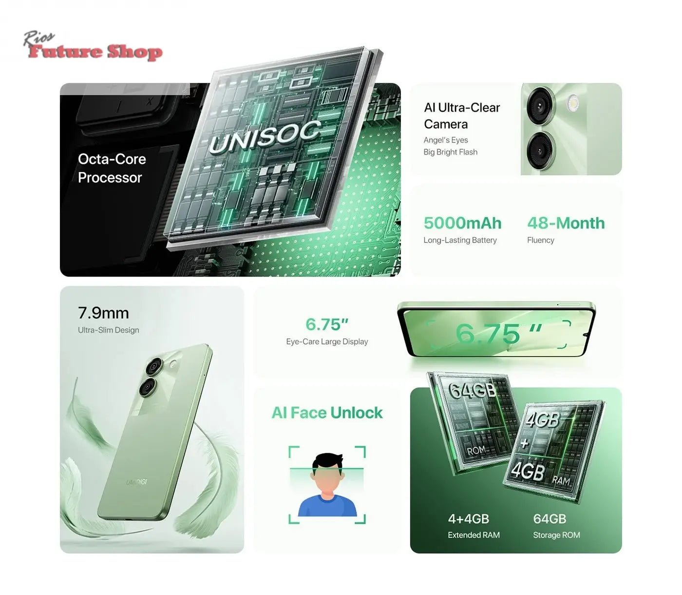 UMIDIGI G9A Android 14 Smartphone Octa - core 13MP Camera 64GB 6.75” Water Drop HD+ 5000mAh Battery Dual SIM Card Cellphone - Rios Future Shop