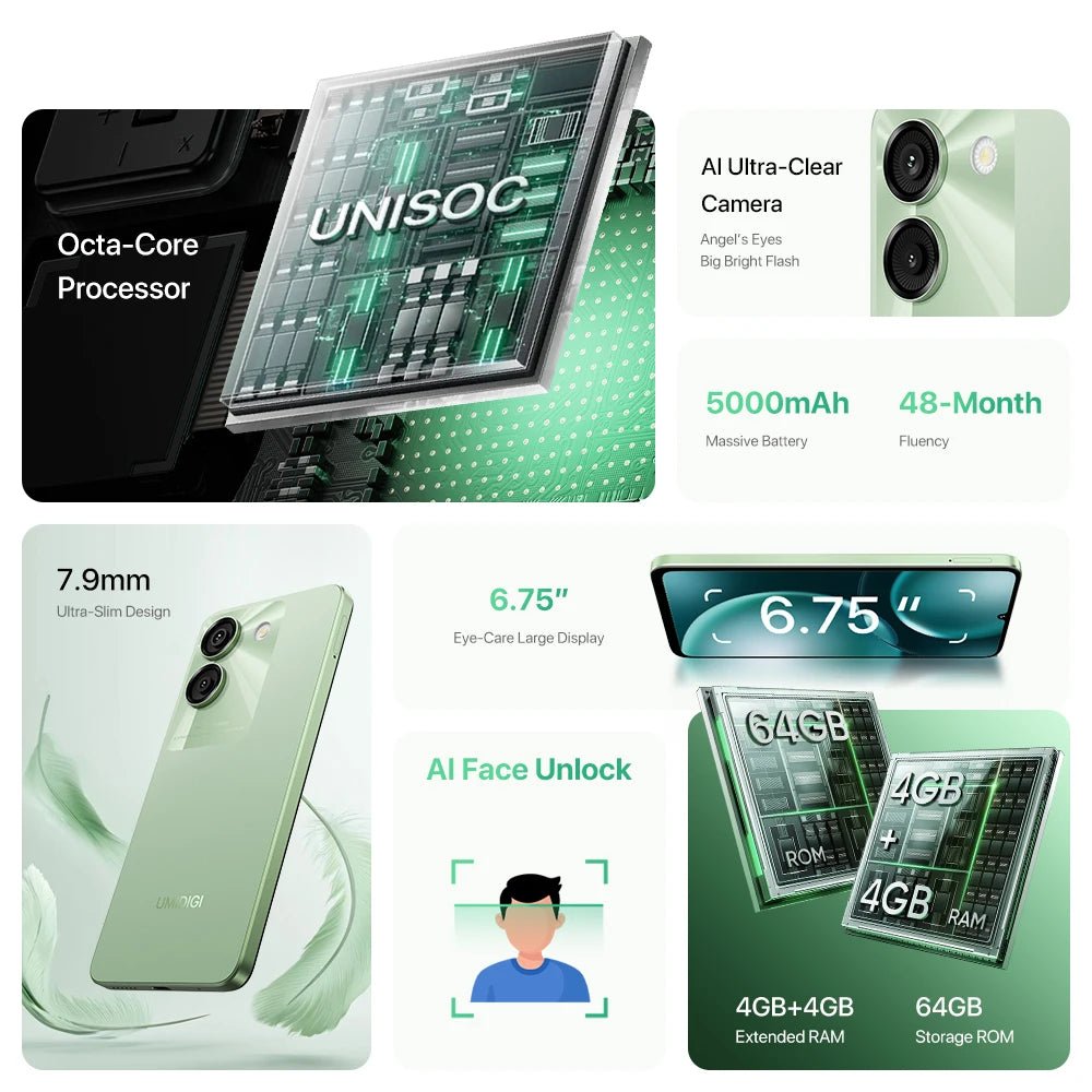 UMIDIGI G9A Android 14 Smartphone Octa - core 13MP Camera 64GB 6.75” Water Drop HD+ 5000mAh Battery Dual SIM Card Cellphone - Rios Future Shop