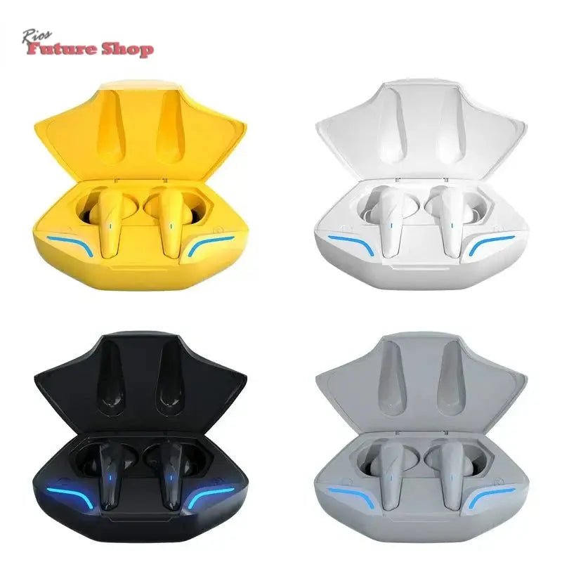 Wireless Gaming Bluetooth Headset X15 TWS 5.0 Earbuds with Mic in yellow, white, black, and grey charging cases.