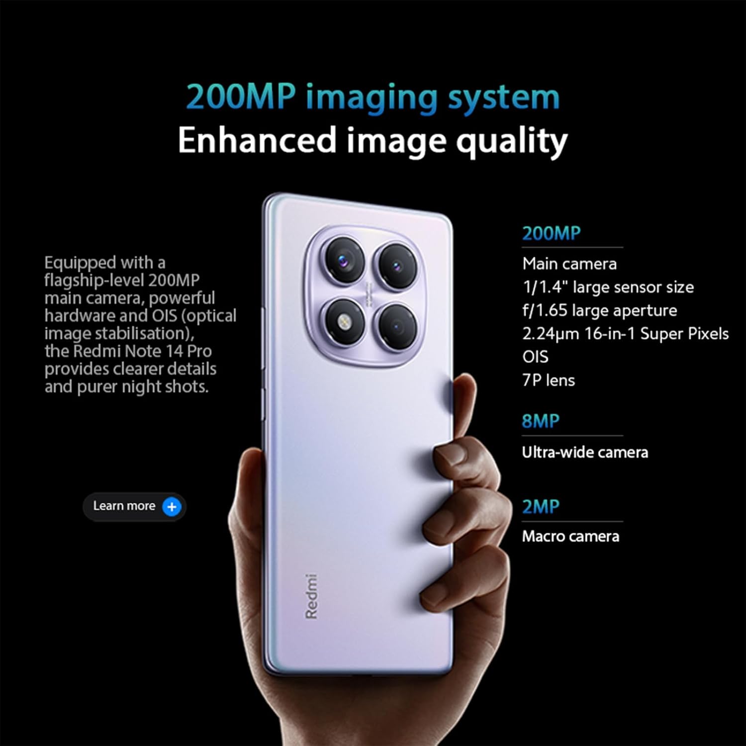 XIAOMI Redmi Note 14 Pro Smartphone de 8+256 GB, ecrã de 6,67" AMOLED FHD+ 120Hz, MediaTek Helio G100-Ultra, câmara de 200 MP, TurboCharge 45W, 5500 mAh, carregador não incluído Indo, roxo (Versão ES)