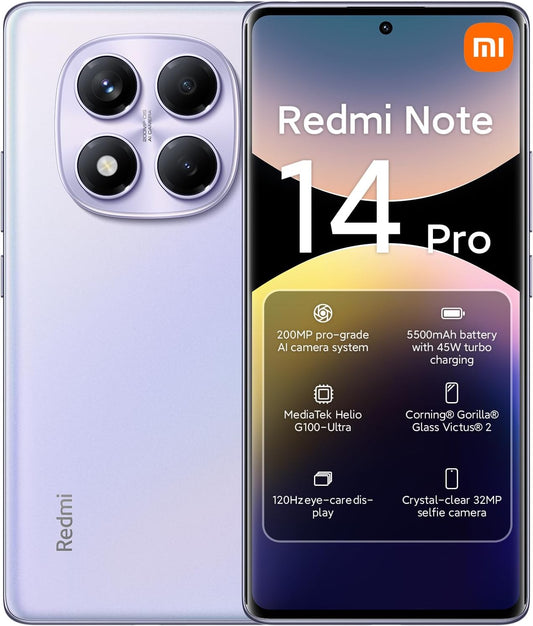 XIAOMI Redmi Note 14 Pro Smartphone de 8+256 GB, ecrã de 6,67" AMOLED FHD+ 120Hz, MediaTek Helio G100-Ultra, câmara de 200 MP, TurboCharge 45W, 5500 mAh, carregador não incluído Indo, roxo (Versão ES)