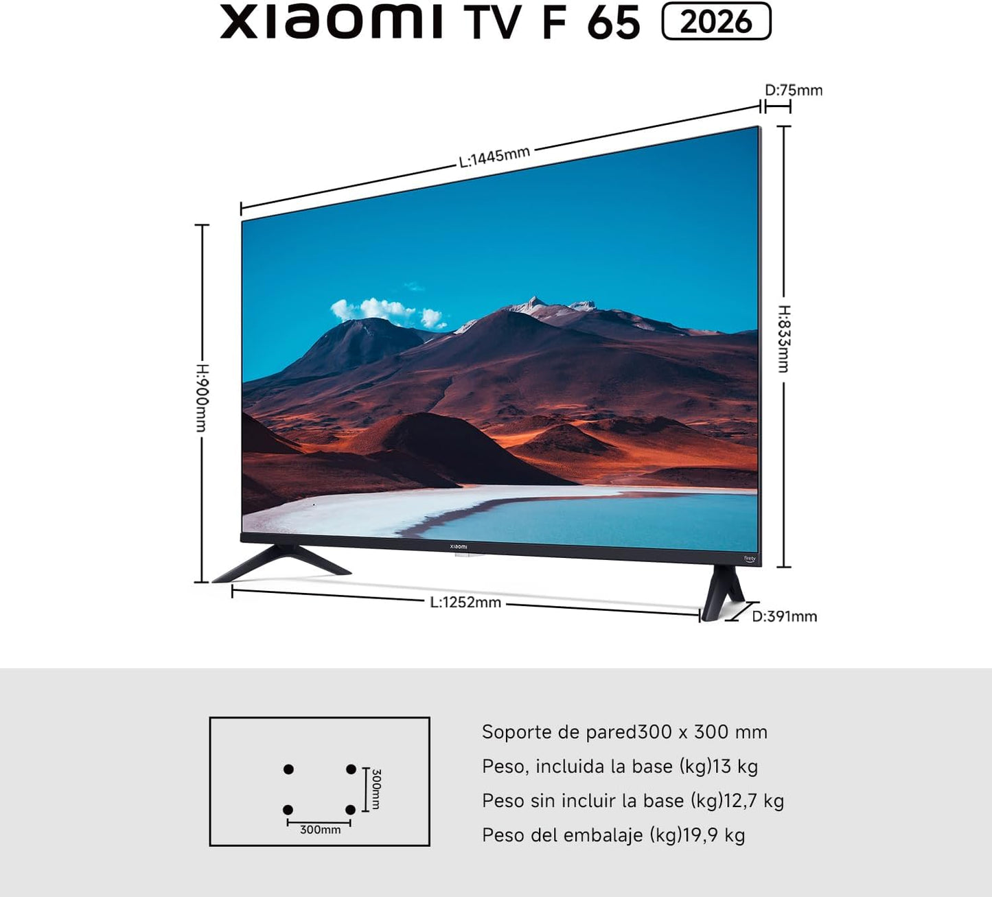 XIAOMI TV F 65, 65 Pulgadas (165 cm), 4K UHD, Smart TV, Fire TV, Control por Voz Alexa, HDR10, MEMC, Modo Game Boost 120Hz,2GB+32GB, Compatible con Apple AirPlay, 2025