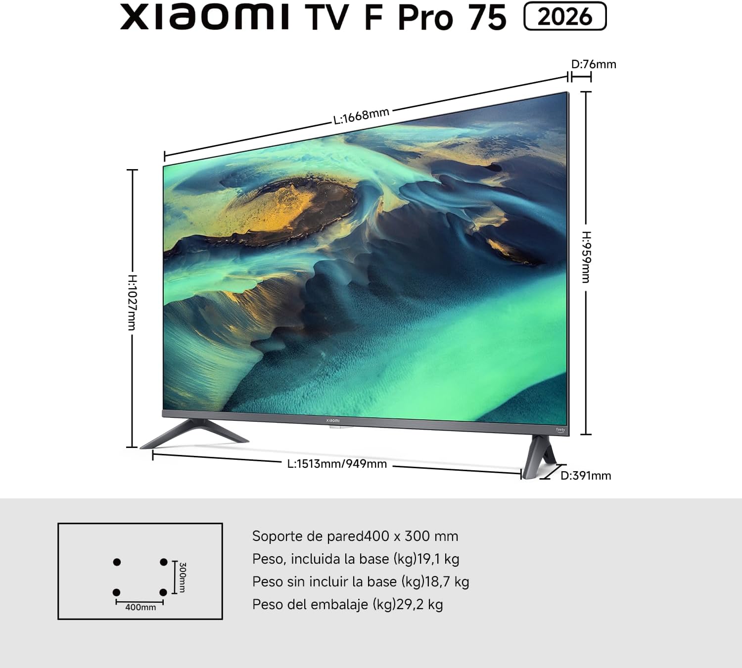 XIAOMI TV F Pro 75, 75 Pulgadas (190 cm), 4K UHD QLED, Smart TV, Fire TV, Control por Voz Alexa, HDR10+, Modo Game Boost 120Hz, MEMC, 2GB+32GB, Compatible con Apple AirPlay, 2025