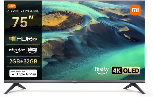 XIAOMI TV F Pro 75, 75 Pulgadas (190 cm), 4K UHD QLED, Smart TV, Fire TV, Control por Voz Alexa, HDR10+, Modo Game Boost 120Hz, MEMC, 2GB+32GB, Compatible con Apple AirPlay, 2025